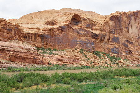 Colorado river and Orange Mountains in Moab, Utahの写真素材
