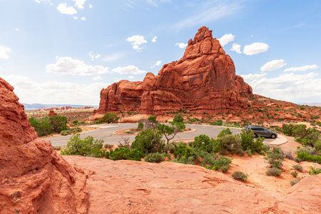 Red Sandstone Rocks Landscape Landscape and Parking in Arches National Park in Utah, United States. Travel Photoの写真素材