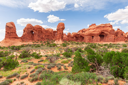 View on The Windows Section Trail with Doble Arch in Arches National Park, Utah, USA.の写真素材