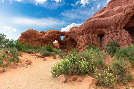 View on The Windows Section Trail with Doble Arch in Arches National Park, Utah, United States. Natural Sandstone Formation Wonderの写真素材