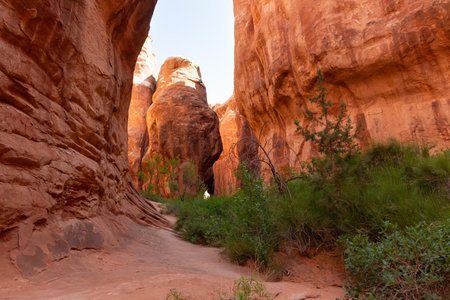 Two large rocks face each other to create a slot canyon inside the Fiery Furnace in Arches National Park near Moab, Utah.の写真素材