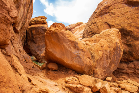 Large rocks are on the Fiery Furnace Trail in Arches National Park near Moab, Utah.