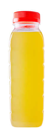 Orange juice bottle isolated on white backgroundの写真素材