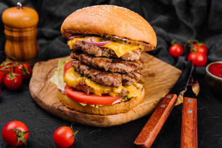 Giant hamburger fast food cutlet on wooden boardの写真素材