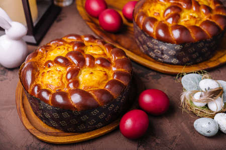 easter bread and eggs on woodの写真素材