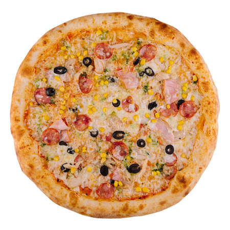 tasty pizza isolated on white backgroundの写真素材