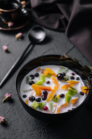 Diet healthy breakfast concept on black tableの写真素材
