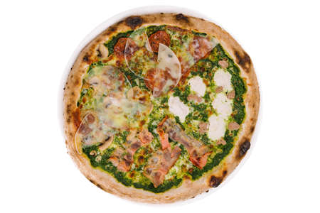 Crust broccoli base low carbs keto pizza with salami, avocadoの写真素材