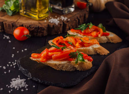 Bruschettas on cutting board close upの写真素材
