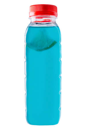 Isotonic energy drink, bottle with blue transparent liquidの写真素材