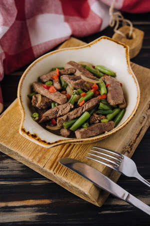 Veal with green beans and chilli pepperの写真素材