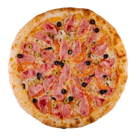 Italian fast food. delicious hot pizza with ham and champignons slicedの写真素材