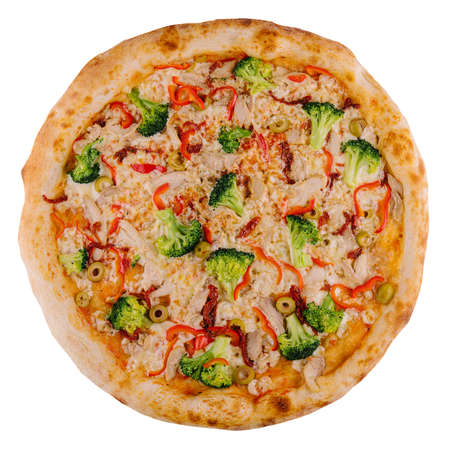 Fresh italian pizza with chicken fillet, mushrooms,broccoli, cheese on whiteの写真素材