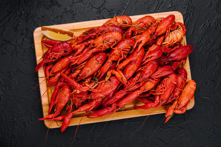 Fragrant boiled crayfish on a wooden boardの写真素材