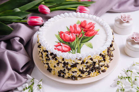 international women's day cake with flowersの写真素材