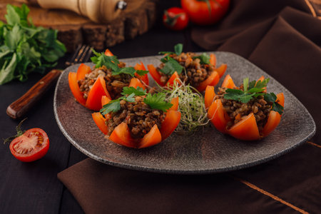 Tasty red stuffed tomatoes with rice and minced meatの写真素材