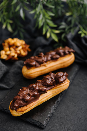 Two eclairs with dark chocolate on black boardの写真素材