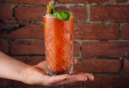 Bloody mary tomato juice cocktail on handの写真素材