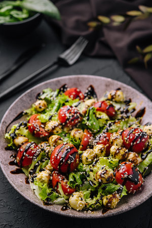 Green salad made with tomatoes, cheese mozzarella balls and sesame on plateの写真素材