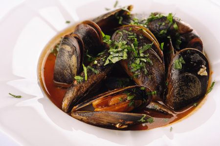 Mussels close up on white backgroundの写真素材