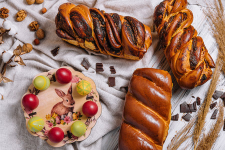Easter eggs with buns on top viewの写真素材
