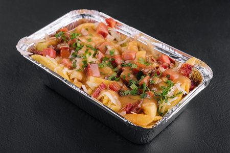 Tasty hot homemade strata with ham, onions, cheese and eggs