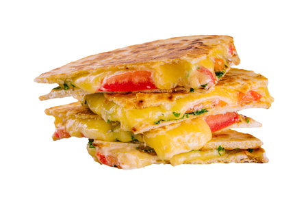 Cheddar cheese quesadillas isolated on whiteの写真素材