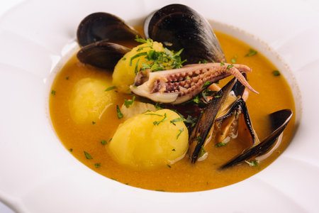 Creamy seafood soup with mussels, potatoes and small octopusの写真素材