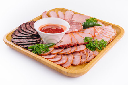 Assorted deli cold meats on wooden trayの写真素材
