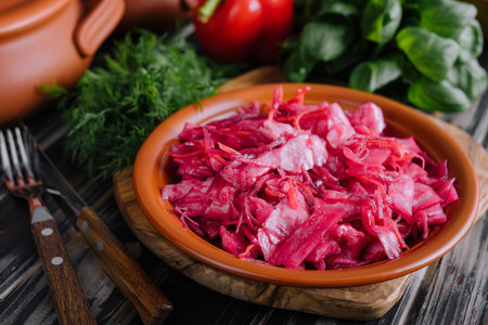 Salad with cabbage and beetroot on wooden tableの写真素材