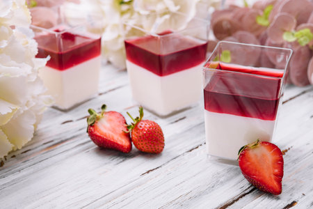 Panna cotta with jelly strawberries, italian dessertの写真素材