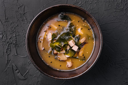 Soup with algae and mushrooms top viewの写真素材