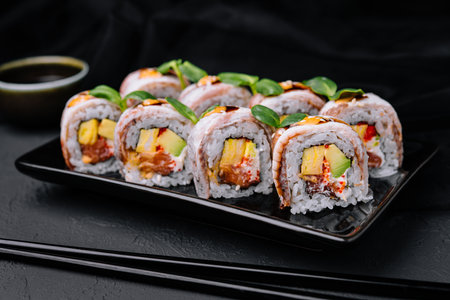 Eel sushi rolls on black plateの写真素材