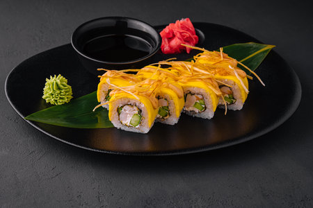 Yellow Sushi Rolls with shrimp and cucumbersの写真素材