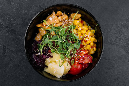 chicken, beetroot, corn and tomato saladの写真素材