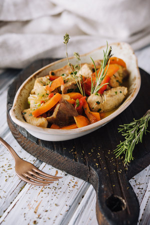 Gourmet chicken and pork stew bourguignon with carrotsの写真素材