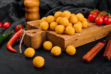 Tasty cheese balls on a wooden Boardの写真素材