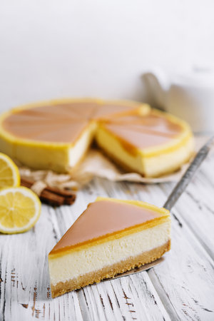 A piece of delicious caramel cheesecakeの写真素材