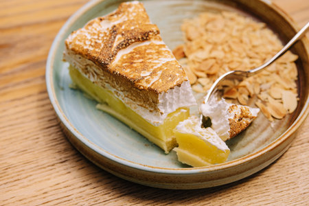Yummy lemon meringue pie on plateの写真素材