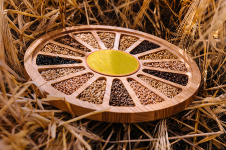 Different types of cereal grains with earsの写真素材