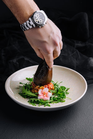 Roasted eggplant stuffed with tomato, broccoli, onion and pepper