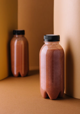 chocolate smoothies milkshake in bottles on brown backgroundの写真素材