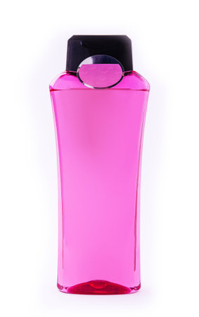 Pink Shampoo Bottle isolated on white backgroundの写真素材