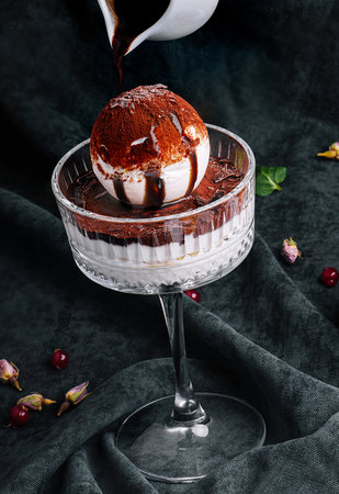 pouring chocolate on top tiramisu ice creamの写真素材