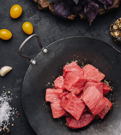 Raw meat is cut into pieces top viewの写真素材