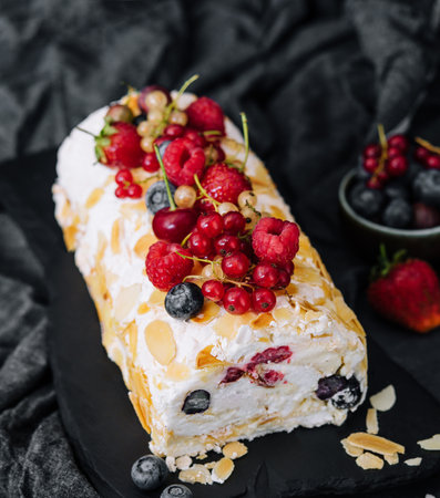 Meringue roll with cream and berries and almondsの写真素材