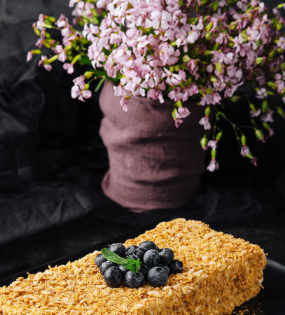 Napoleon cake decorated with blueberriesの写真素材