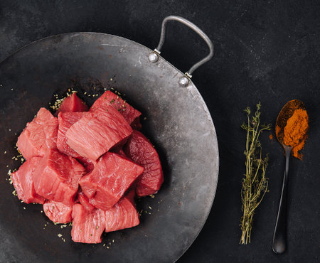 Raw meat is cut into pieces top viewの写真素材