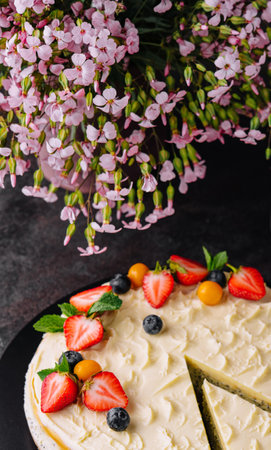 poppy seed cheesecake with berries top viewの写真素材
