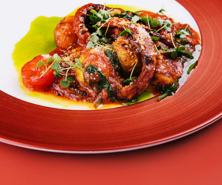 fried octopus and scallops in tomato sauceの写真素材